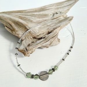 Hand beaded necklace ~14-15” green color beads